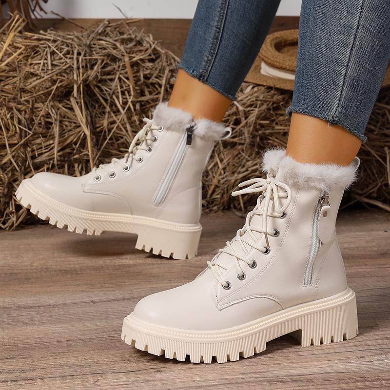 Fashion Autumn Winter Plush Warm Ankle Boots Women Fashion Solid Color PU Leather Short Boots Woman Plus Size Non Slip Platform Booties