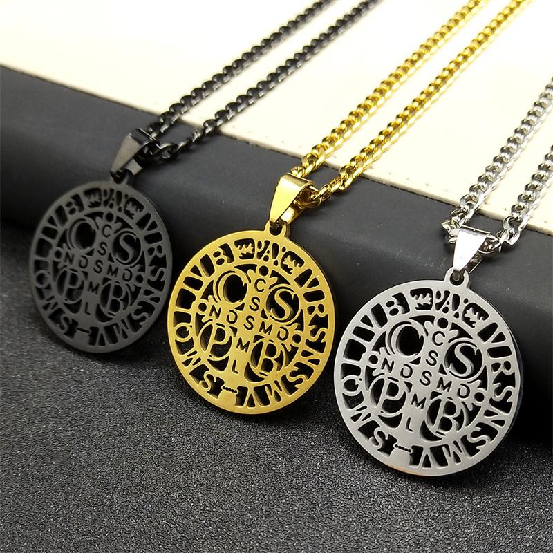 Saint Benedict Cspb Medal Pendant Necklace for Women/Men Stainless Steel Gold Color Jesus Cross Chain Jewelry collar N7437S02