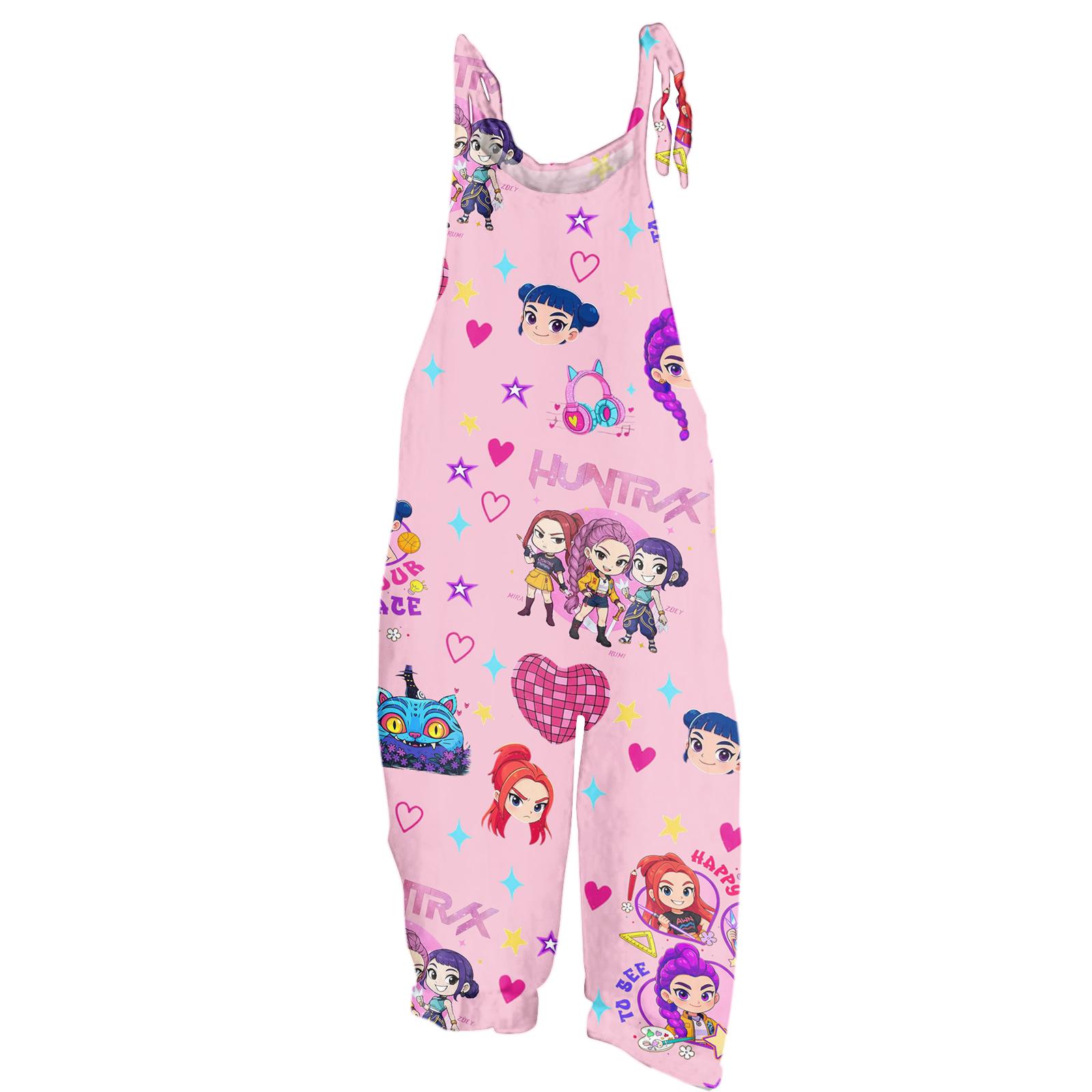Kids Cartoon Print Sleeveless Jumpsuit Wide Leg Overalls Adjustable Strap Casual One Piece Outfit for Girls Boys Toddler 150