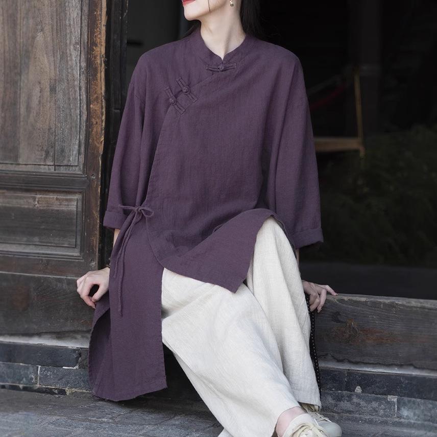 

2025 Retro Chinese Style Mid-Length Cotton Linen Top with Pan Buckle and Tie Rope for Women XXL бежевий