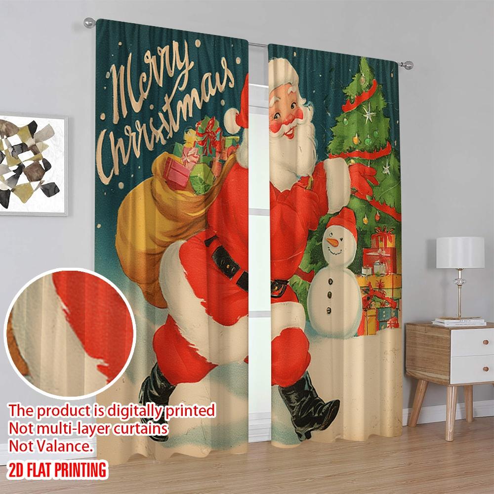 2pcs,2D Plane Printing Print Curtains Vintage Santa Claus with Snowman & Tree 100% Polyester (without Rod) Festive Ldeal for