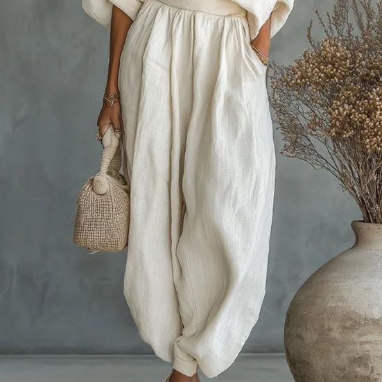 Damen 2-teilige Outfits Kurzarm Off-Shoulder Pullover Oberteil und Lockere Haremshosen Set Sommerurlaub Loungewear Sets