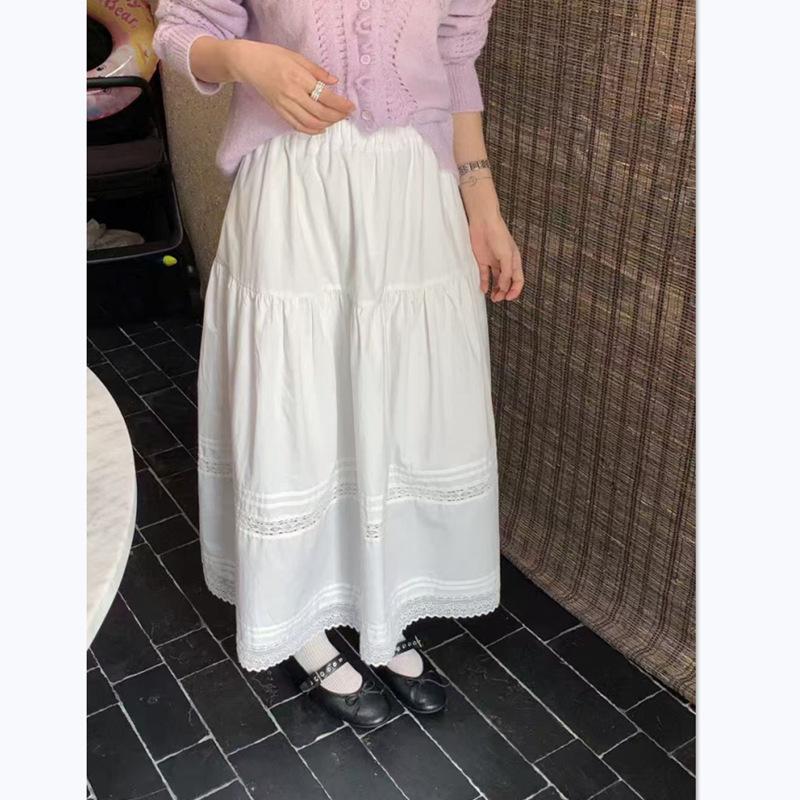 White Spring 2026 Korean Style Slimming Midi Skirt with Hollowed Hem One Size белый