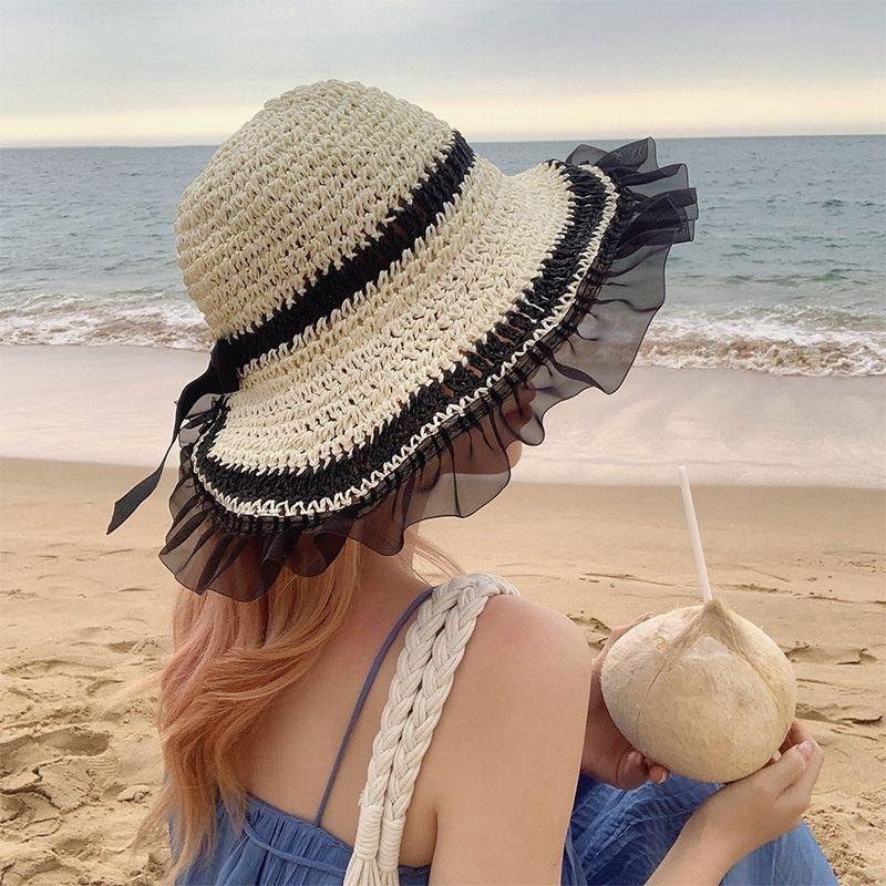 Lace Straw Sun Hat Children's Large Brim Summer Breathable Straw Hat Seaside Full Face Shading Sun Protection Hat Tide