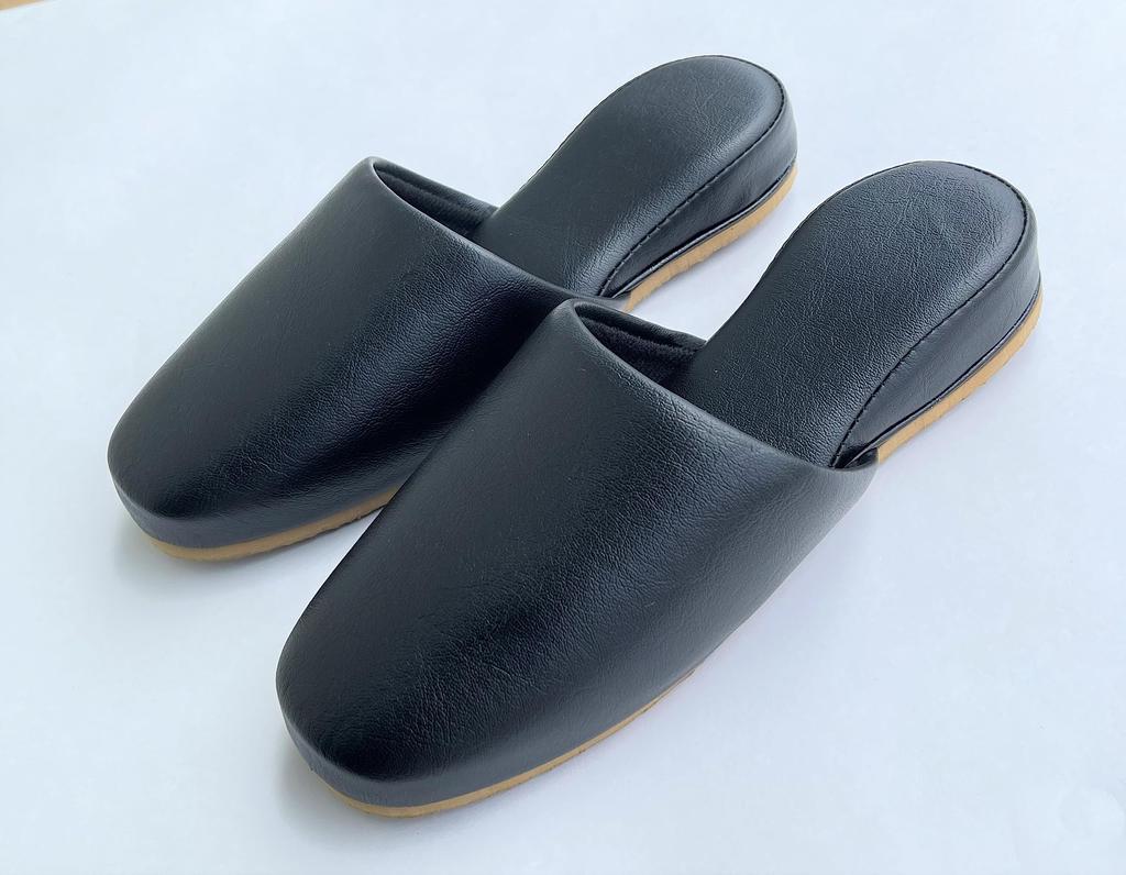 TOKYO SLIPPER Antibacterial Vinyl Slippers of with Thick EVA Safety Slippers for Business and Guest Use Leather-Look (Set 5) Soles, (Black, Large)