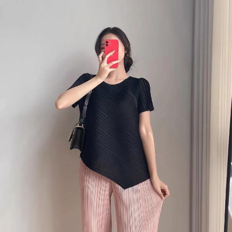 Miyake Women's Irregular Pleated Tops - Short Sleeves, Round Neck, Loose Fit, Slim and Long Niche, Perfect for Summer.