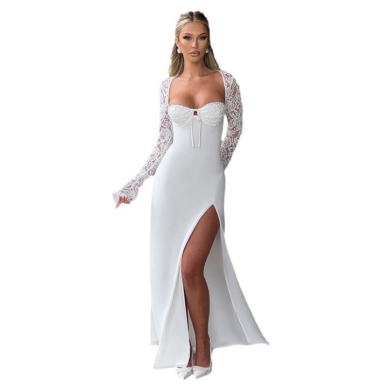 Women's Black Lace Maxi Dress Long Sleeve Split Evening Party Cocktail Dress Elegant Formal Gown