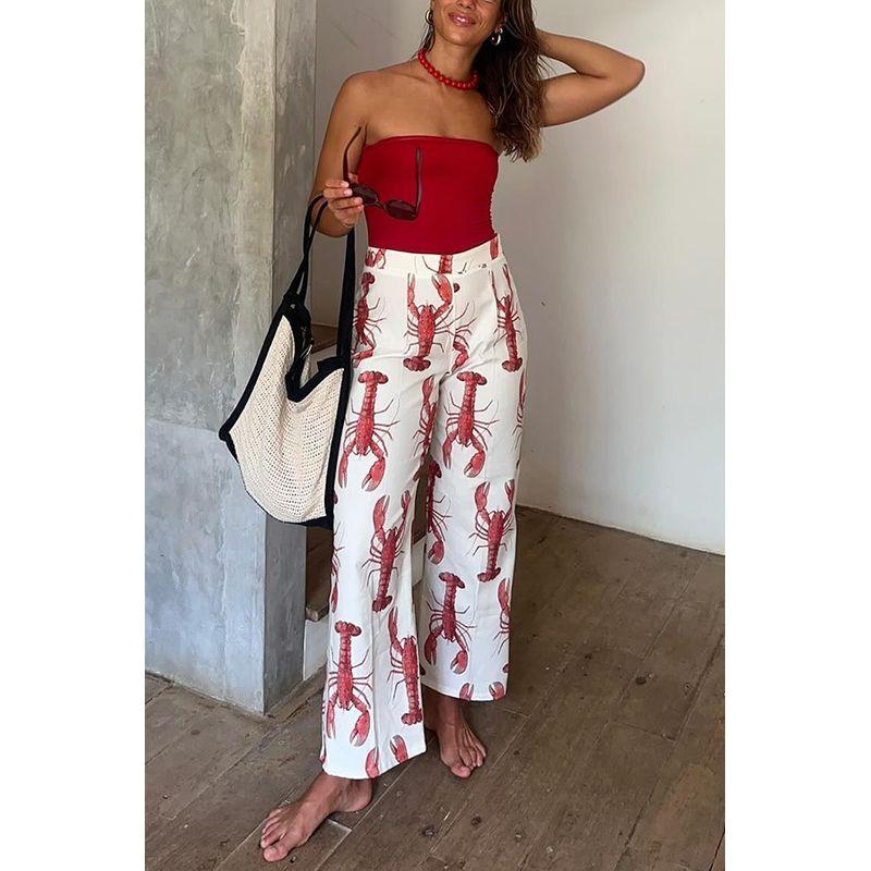 

Lobster Print Top Casual Pants Set Lobster Print Tops Casual Pants Suit 2513 pants XL