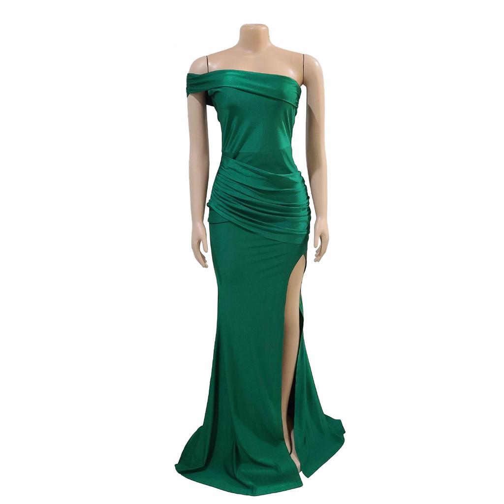 European & American Women's One-Shoulder Slit Evening Gown