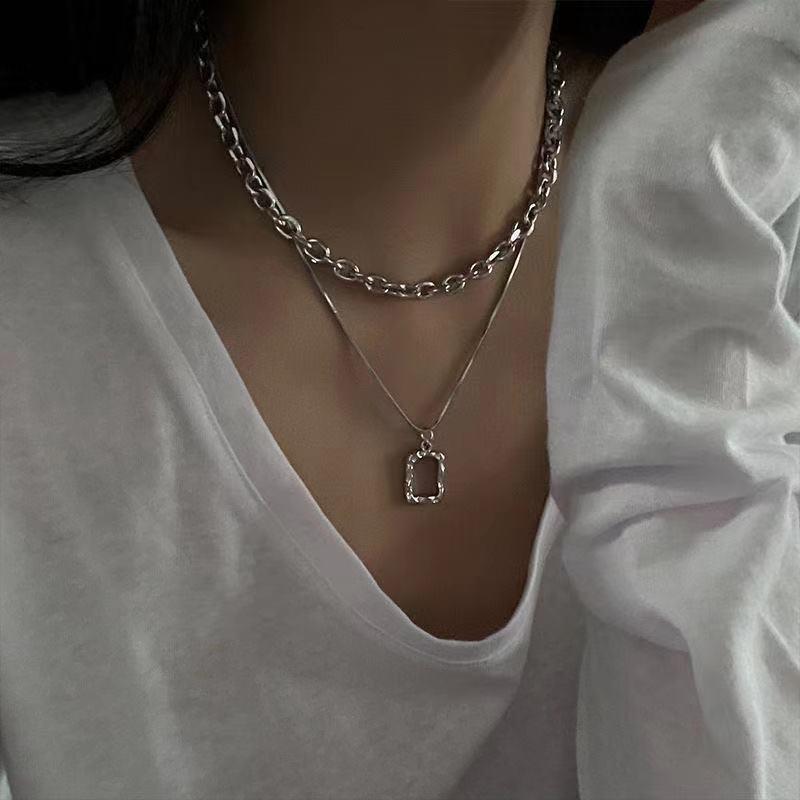 Fashion Unisex Multilayer Hip Hop Long Chain Necklace For Women Jewelry Gifts Square Pendant Necklace Accessories