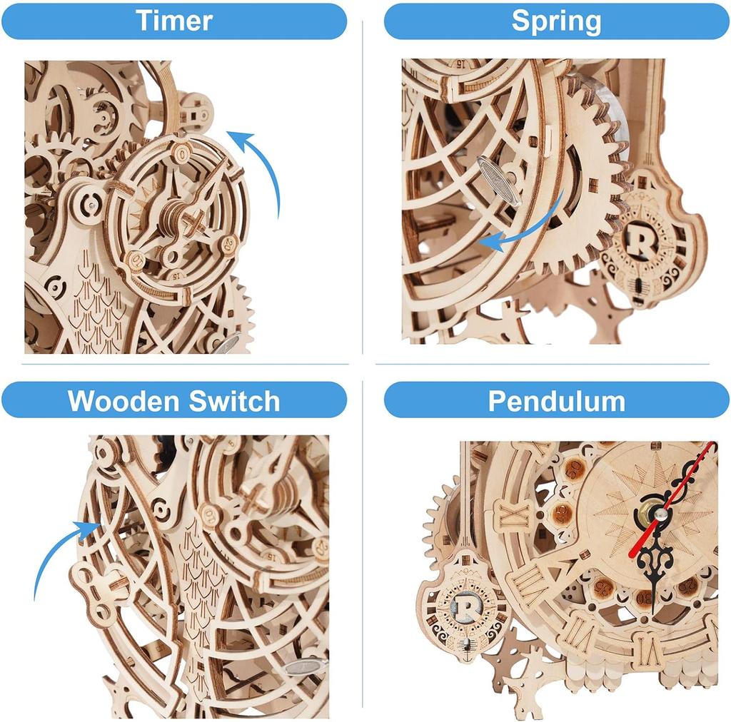 ROBOTIME ROKR Owl Clock Mechanical Gears 3D Wooden Puzzle LK503