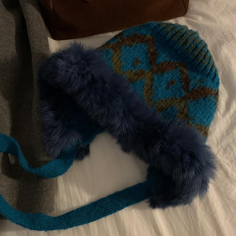 

Rabbit Fur Knit Hat For Women Winter Insulated Warm Ear Protector Trendy Casual NavyBlue