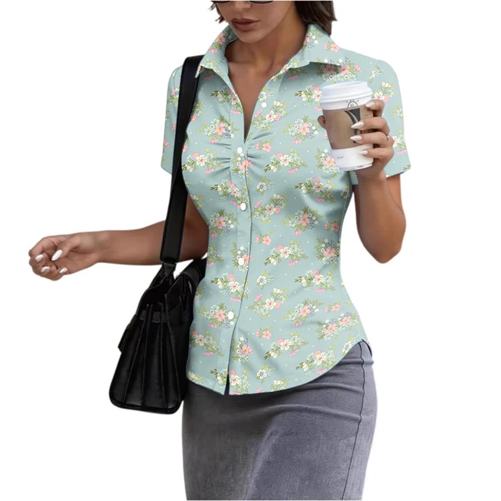 Damen Kurzarm Hemdbluse Slim Fit Knopfleiste Sommer Leichtes Bedrucktes Oberteil für Büro und Freizeit