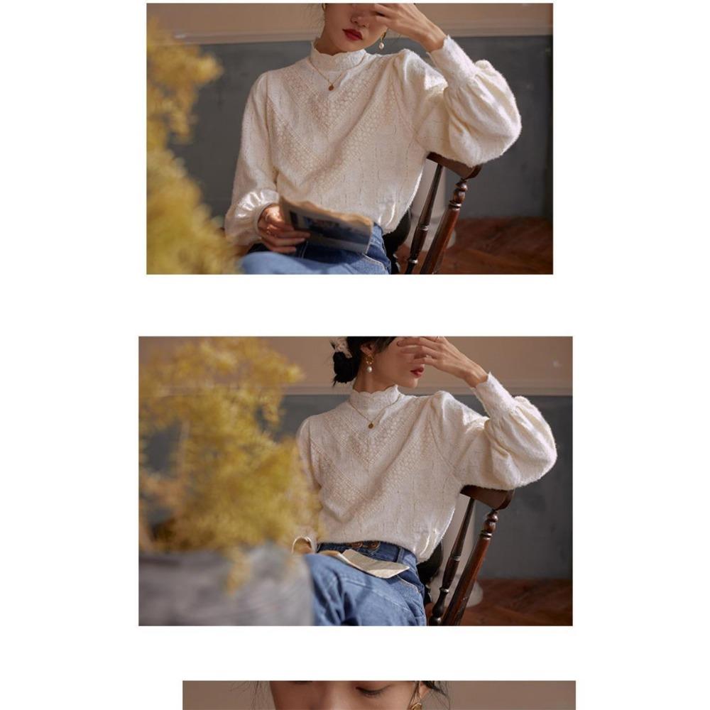 Chemisier de style cour française à col semi-haut et base en dentelle brossée pour femmes, haut de superposition intérieure pour l'automne et l'hiver