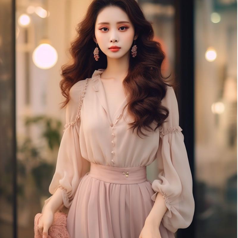 

Женский элегантный комплект из двух предметов из шифона с рукавами-фонариками 2024 года: Рубашка и юбка весна/осень Medium розовый