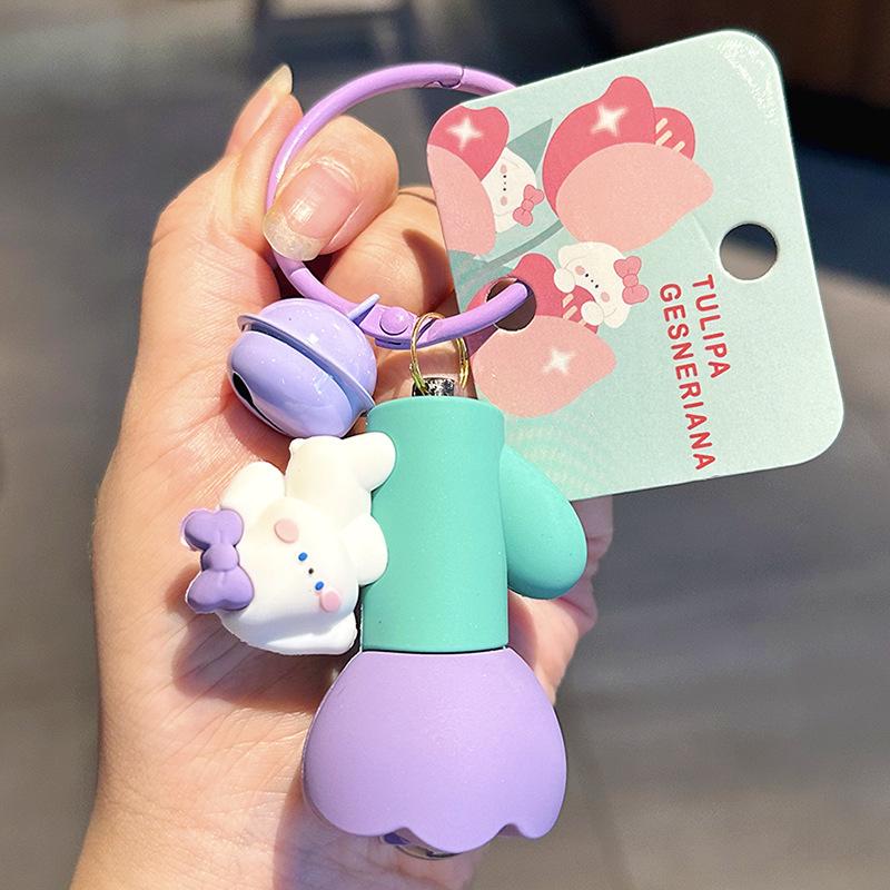 Cute Flower Rabbit Flashlight Keychain Creative Cartoon Car Key Ring Pendant for Women Kids Backpack Hanging Bag Accessories