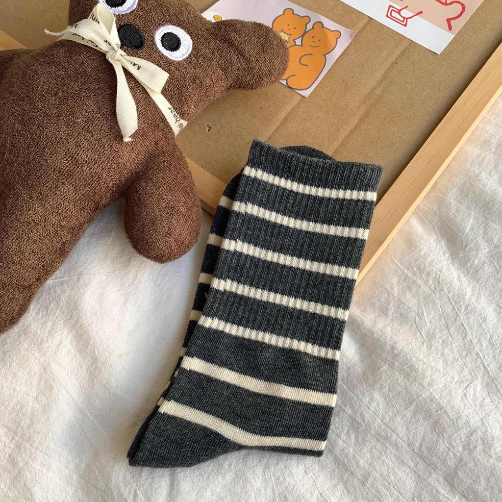 Maillard Women's Striped Mid-Calf Socks - Spring & Autumn Korean Style with Shark Pants