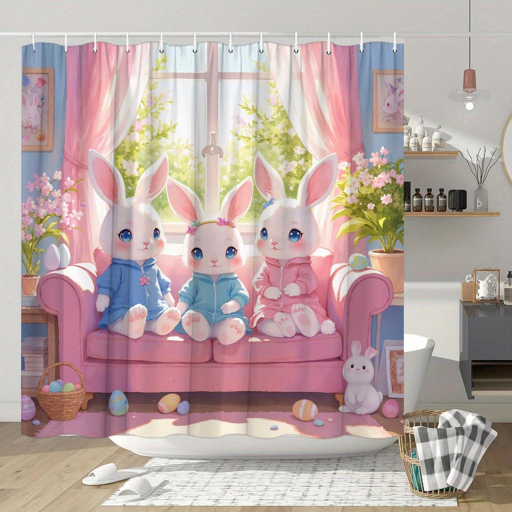 Adorable Easter Bunny Shower Curtain-70.8x70.8 Inches,Polyester, Washable,Charming Rabbit & Floral Design,Festive Bathroom Decor