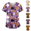 Women's Halloween Printing Short Sleeve V-neck Tops Working Uniform Pocket Blouse
