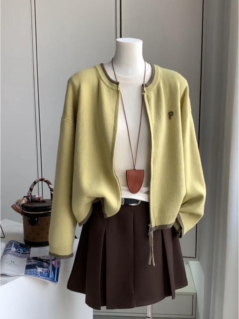 

Женский вязаный кардиган с длинным рукавом на осень/зиму - Свободный, с круглым вырезом, на двойной молнии S жёлтый