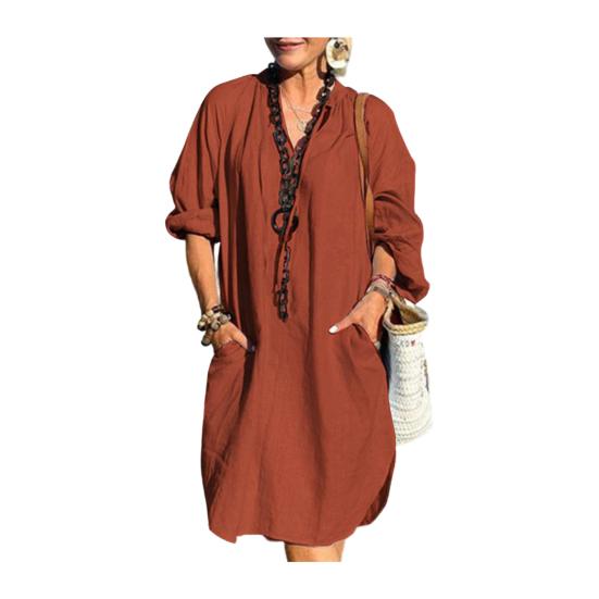 Baumwoll-Leinen-Kleid für Damen Boho Lässig Strandurlaub Sommerkleid Langarm V-Ausschnitt Locker geschnittenes Kleid