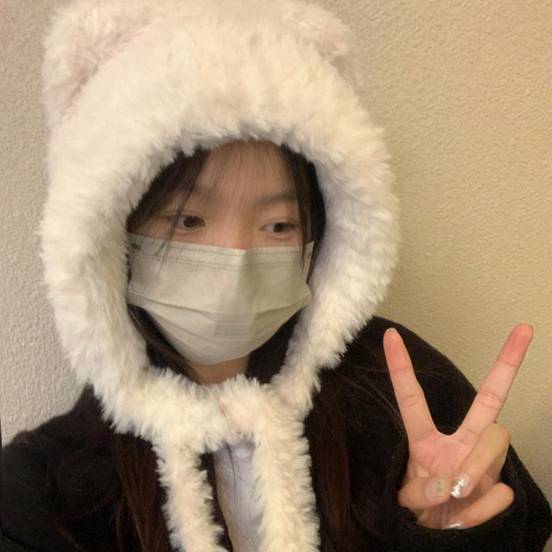 Women'S 2024 Autumn/Winter Cute Bear Ears Hairy Hat Big Headcircumference Warm Wool Plush Lei Feng Hat