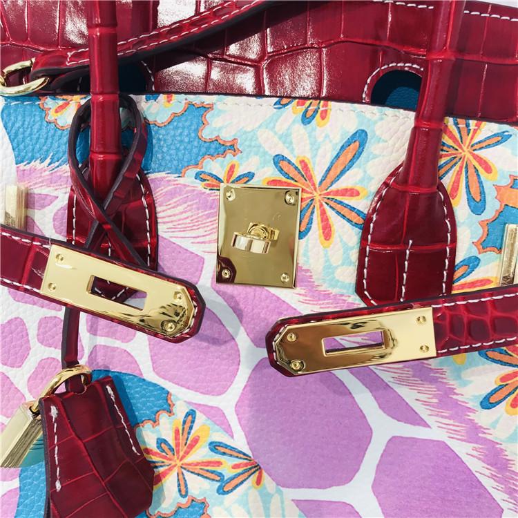2021 Neue Platin-Tasche bordeauxrotes Krokodilmuster mit bemaltem Giraffenmuster Rindsleder erste Schicht tragbar Schultertasche Umhängetasche