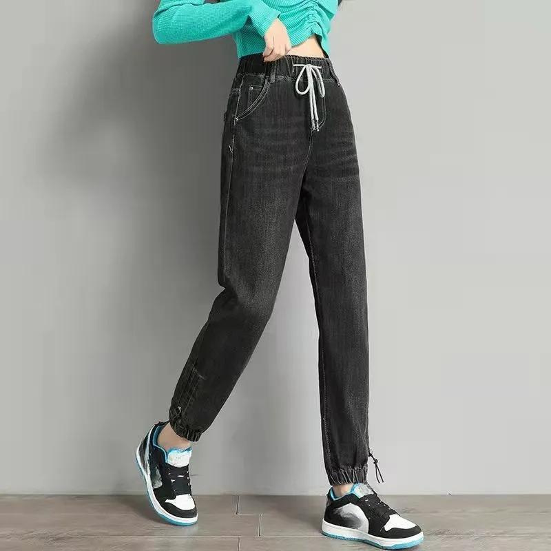 High Waist Drawstring Harem Baggy Jeans Women Spring Autumn All-match Streetwear Ankle Length Denim Trousers Casual Jean