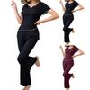 2Pcs Summer Women Pajama Set Slim Fit Solid Color Short Sleeves V Neck Top Elastic Waist Long Pants Trousers Casual Sleepwear Loungewear