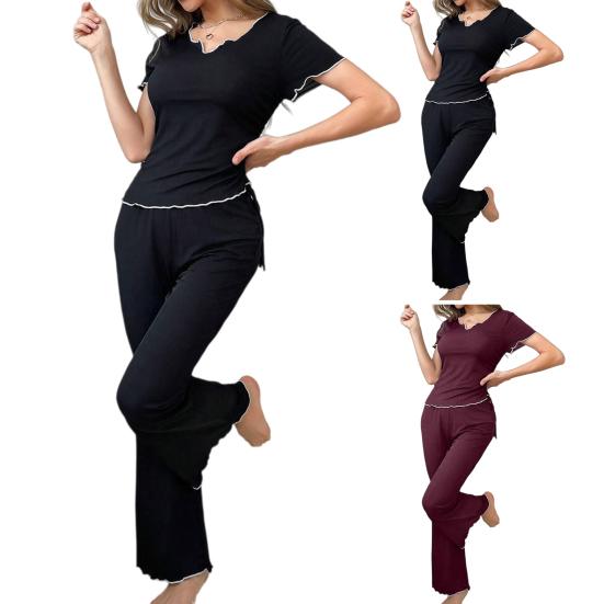 2Pcs Summer Women Pajama Set Slim Fit Solid Color Short Sleeves V Neck Top Elastic Waist Long Pants Trousers Casual Sleepwear Loungewear