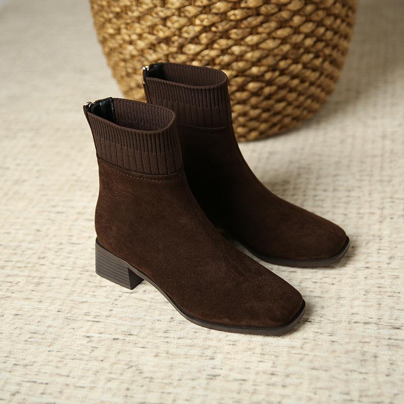 

9322-1 Ботильоны женские на толстом каблуке с квадратным носком, эластичные, осенне-зимние, вязаные, из бархата, на молнии сзади, модные, в европейском и американском стиле, короткие 40 кофейный