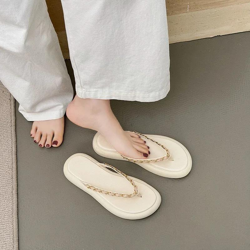 fashion Summer New Women's Flip-flops Outdoor Flat Beach Slippers Women Shoes Chain Non-Slip Women Soft Bottom Slippers Zapatos De Mujer