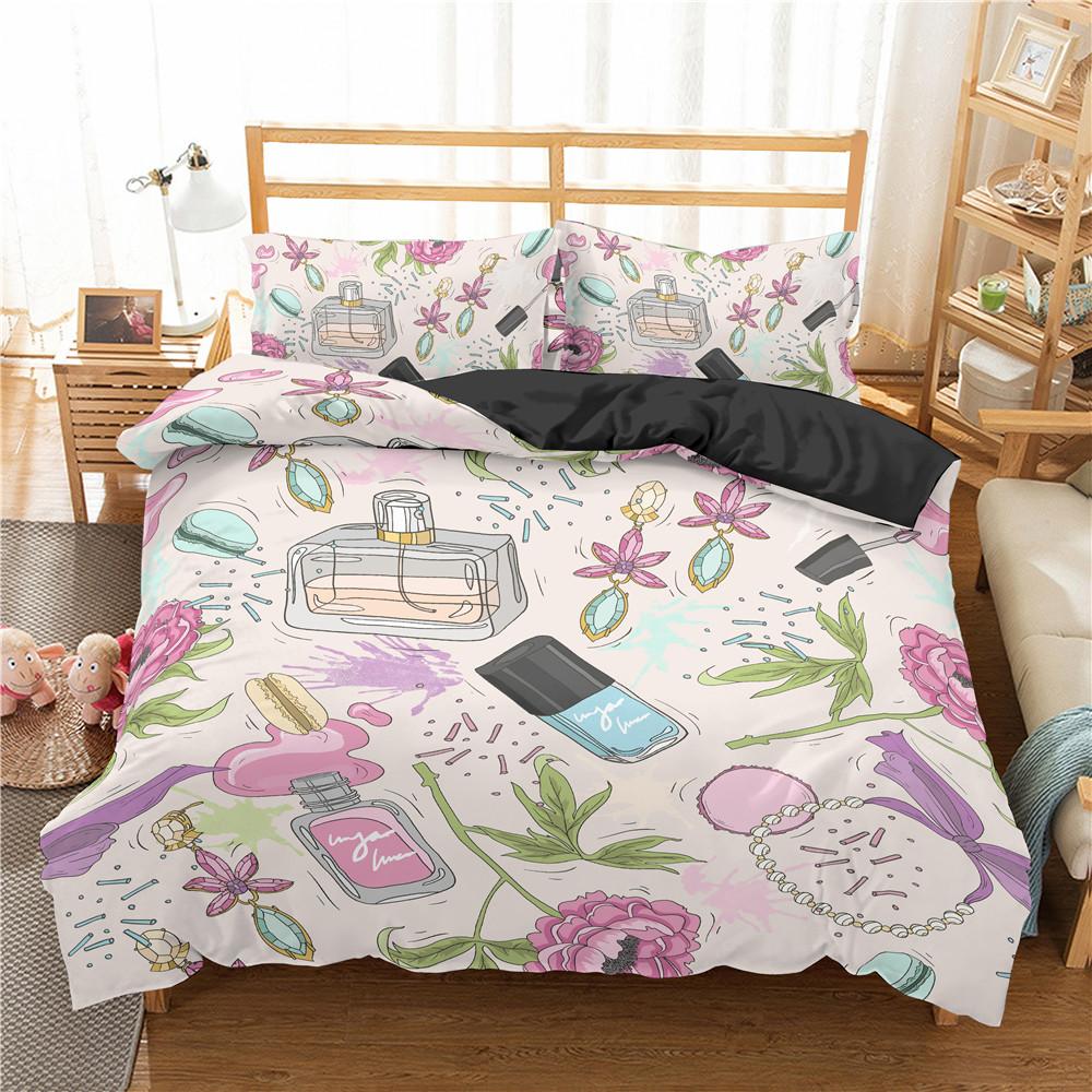 Makeup Lipstick Duvet Cover Set Cosmetic Pink Theme Polyester Comforter Cover for Girls Women Couple Bedding Set King Queen Size