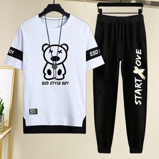 2 Τεμ./Σετ Ανδρικά Καθημερινά Αθλητικά Ρούχα Μπλουζάκι με Μοτίβο Αρκούδας με Στρογγυλή Λαιμόκοψη και Κοντό Μανίκι Σετ Φόρμας με Ελαστική Μέση και Φαρδιά Γραμμή