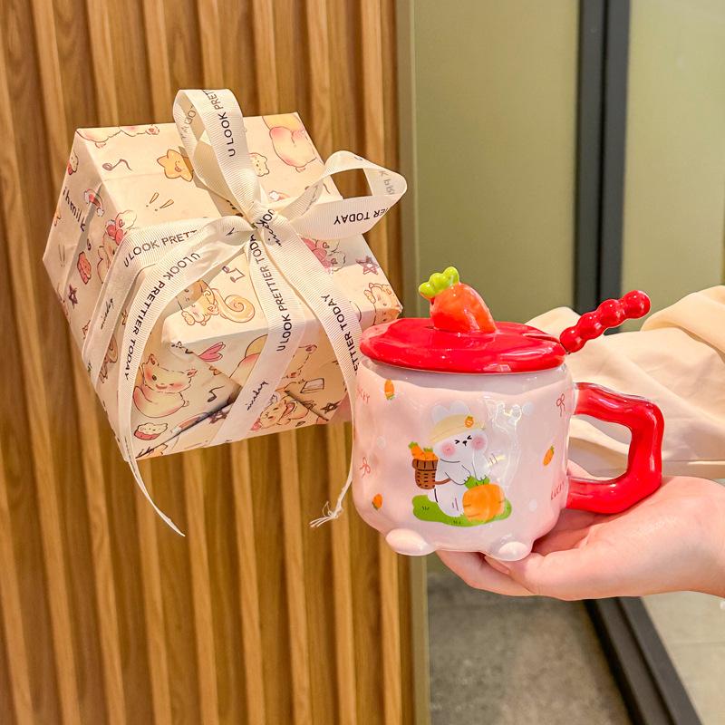 Cute and high-value radish rabbit ceramic cup with lid spoon girl couple mug for girlfriend birthday gift