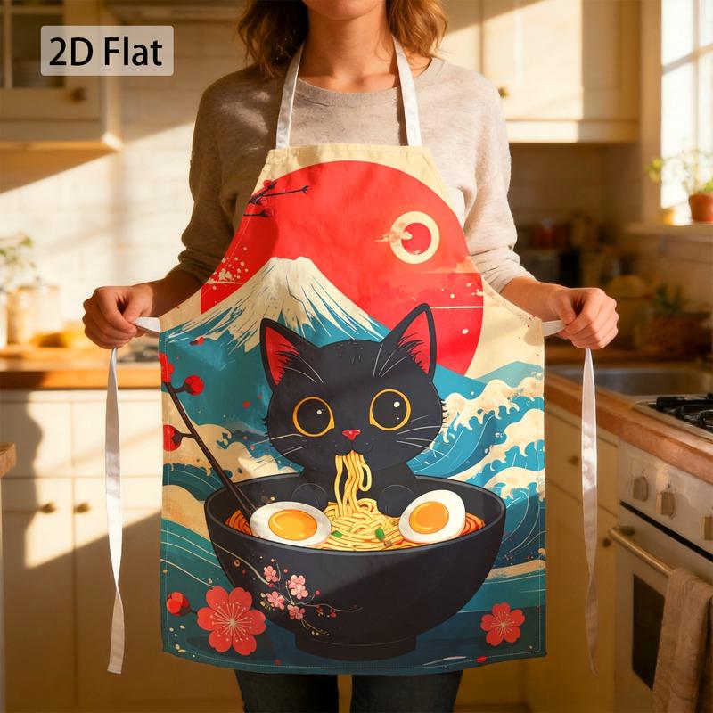 Japanese Style Cat Ramen Apron, Mount Fuji and Wave Pattern, Kitchen Cooking Bib, Multiple Sizes Available 38X47cm(15X19in)