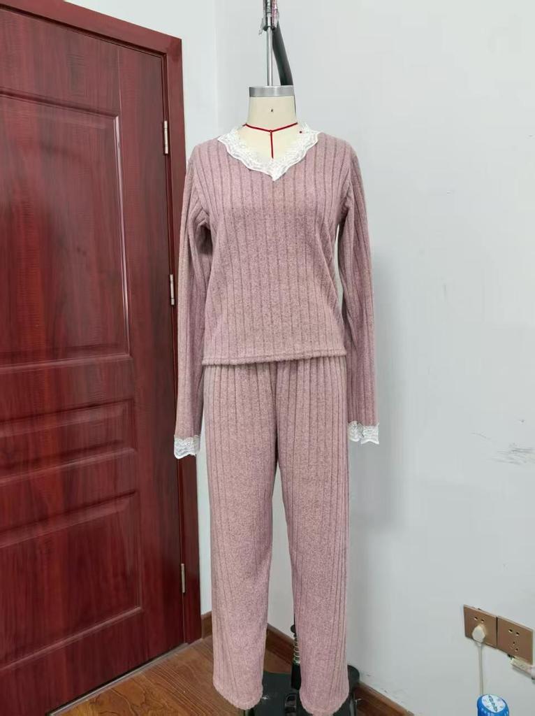 European & American V-Neck Lace Ribbed Women's Pajama Set - Fashionable, Casual Two-Piece Home Wear