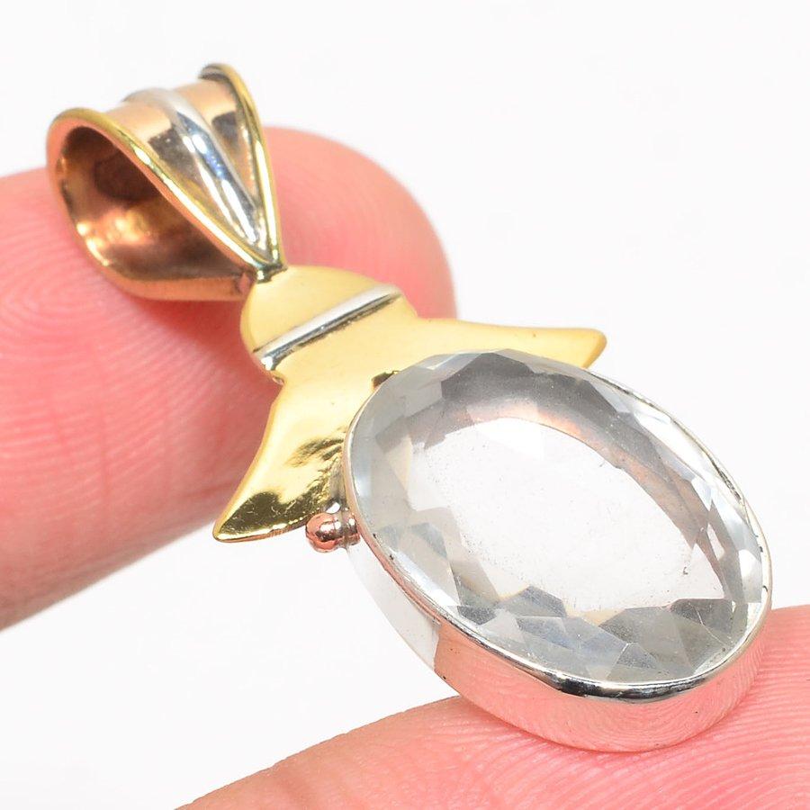 Natural Crystal Quartz TwoTone 925 Solid Sterling Silver Gift Pendant 1.50" g2H41