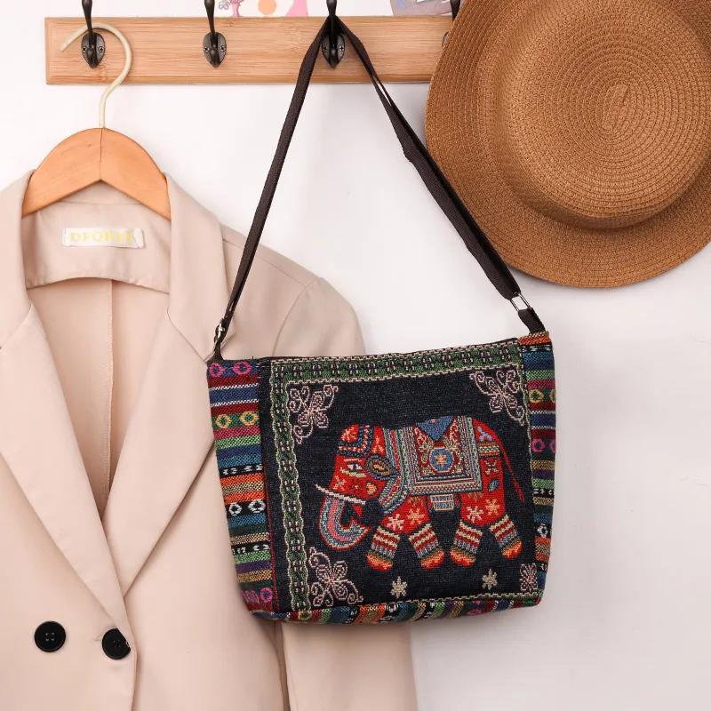 Yogodlns Håndveske i etnisk stil Broderi Elefant Lerret Dame Skuldervesker Dagligvareoppbevaringsveske Stor kapasitet Crossbody-veske