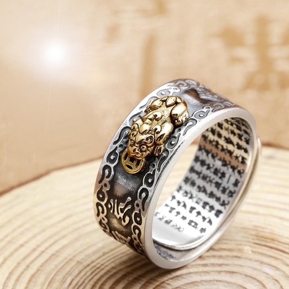 Feng Shui Ring Alloy Finger Ring Pixiu Mani Mantra Protection Wealth Ring Amulet Wealth Lucky Open Adjustable Ring