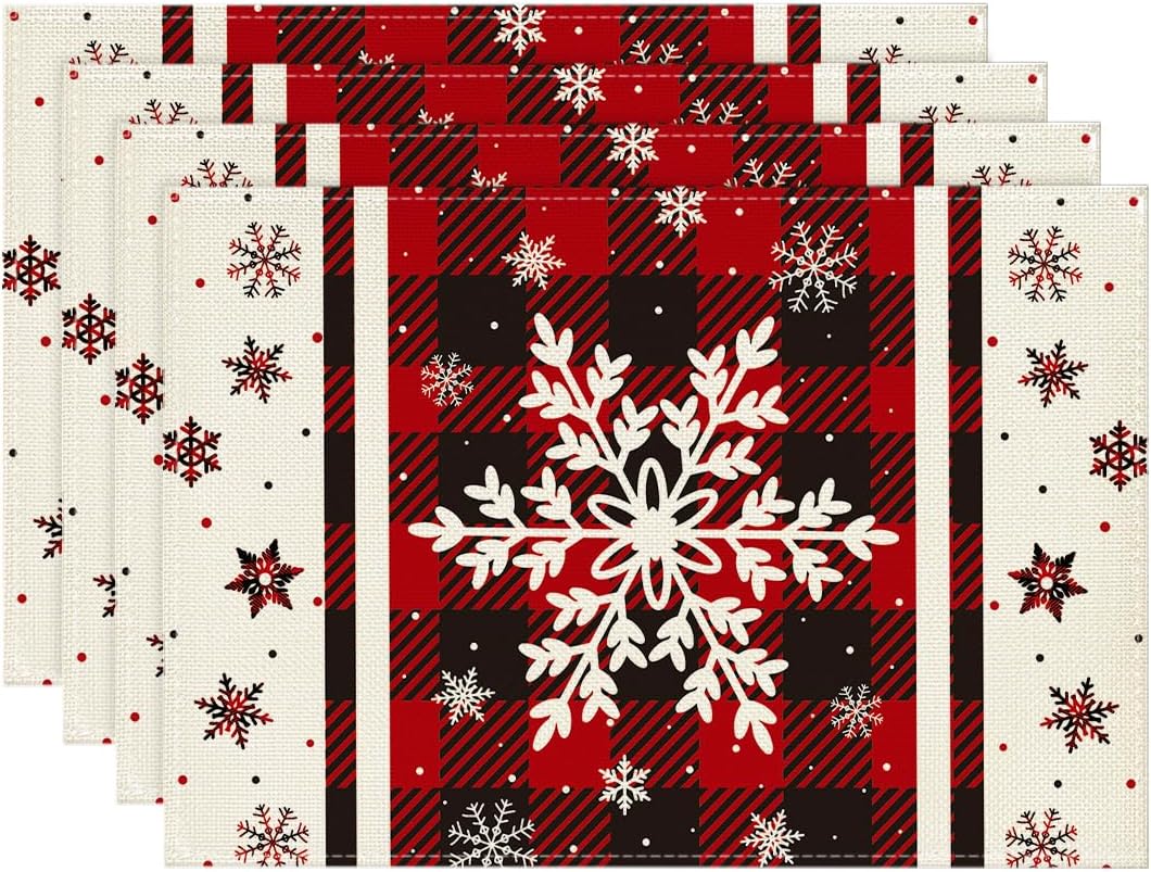 

Buffalo Plaid Snowflakes Winter Placemats Set of 4, 12x18 Inch Christmas Table Mats for Party Kitchen Dining Decoration 4pcs