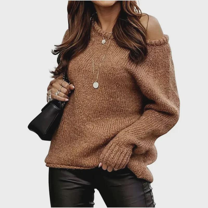 Off-Shoulder Sexy Round Neck Knit Pullover: Solid Color Casual Loose Plus Size Women's Sweater - Autumn/Winter Collection