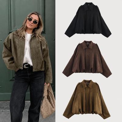Women's Bomber Jackets Coats Fashion Turn-down Collar Long Sleeve Loose Coats Vintage Female Outerwear Chic Tops