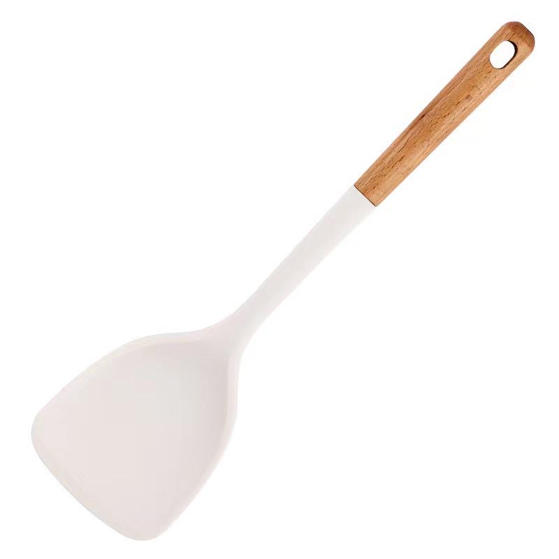 6-teiliges Küchenutensilienset aus Massivholz und Silikon: Hitzebeständige, antihaftbeschichtete Kochutensilien mit Aufbewahrung