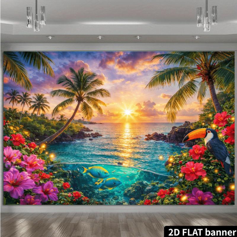 1pc 2D flat beach sunset party backdrop with a stunning sunset sky made of polyester lightweight and easy to store. (wsj)