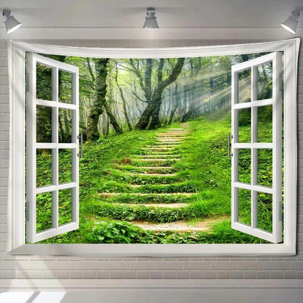 Home decoration natural ecological beach scenery imitation window paper art tapestry background wall room beautiful living room