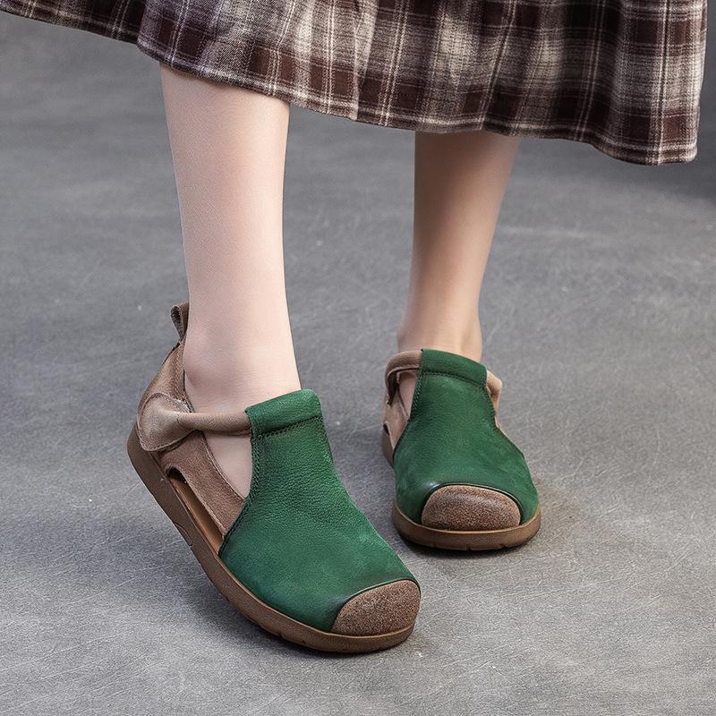 Summer New Genuine Leather Patchwork Hollow Out Pig Nose Sandals Women Flat Velcro Strap Roman Style Mules