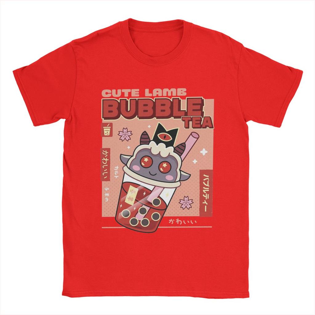 Casual Cute Lamb Bubble Tea Cult Of The Lamb T-Shirt Men O Neck 100% Cotton T Shirt Game Anime Tees Printing Clothes