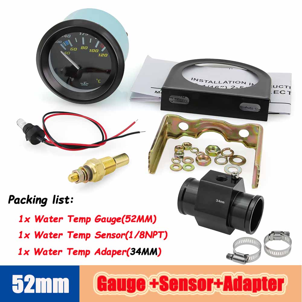 52mm Auto Temp Gauge Dual Unit Digital 40-120℃/100-250℉ Water Temperature Indicator Sensor Adapter 1/8NPT For Gasoline Vehicle