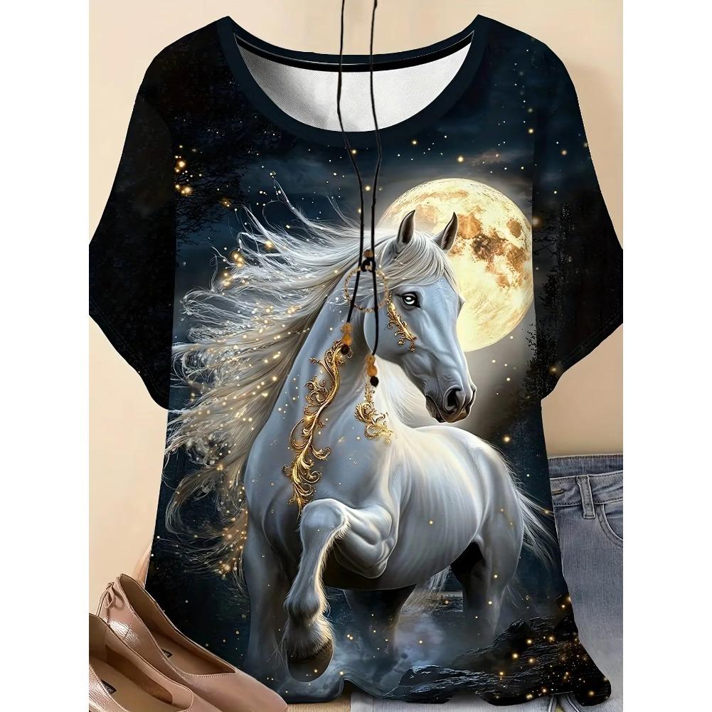 Plus Size Casual Crew Neck Short Sleeve Tiger Horse Animal Print T-Shirt - Soft Stretch Polyester Fabric Spring and Summer Womens Relaxed Fit Clothing